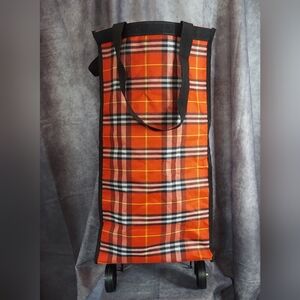 Walbest Folding Shopping Cart with Wheels Orange Plaid Rolling Market Bag 2-in-1